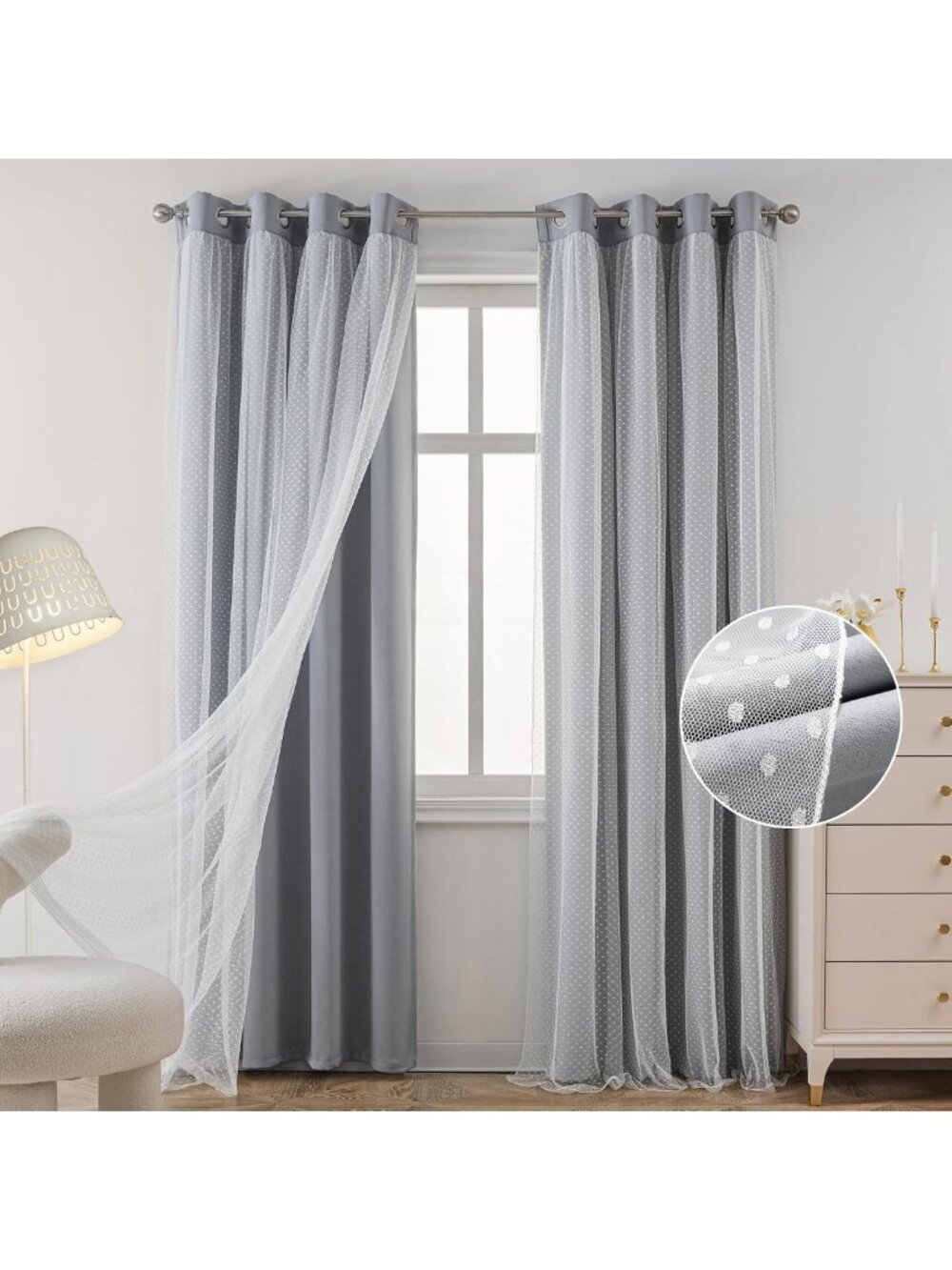 Grey Double Layer Blackout Curtains & Pom Pom Sheer Curtains - 84" Long, Nursery